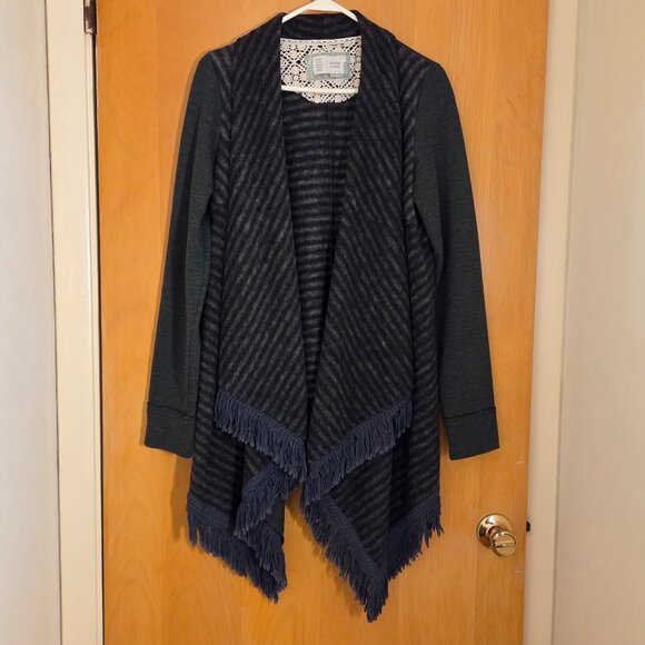 Saturday Sunday Anthro Open Front Elise Cardigan Size M Fleece Green Gray Fringe - Picture 1 of 10